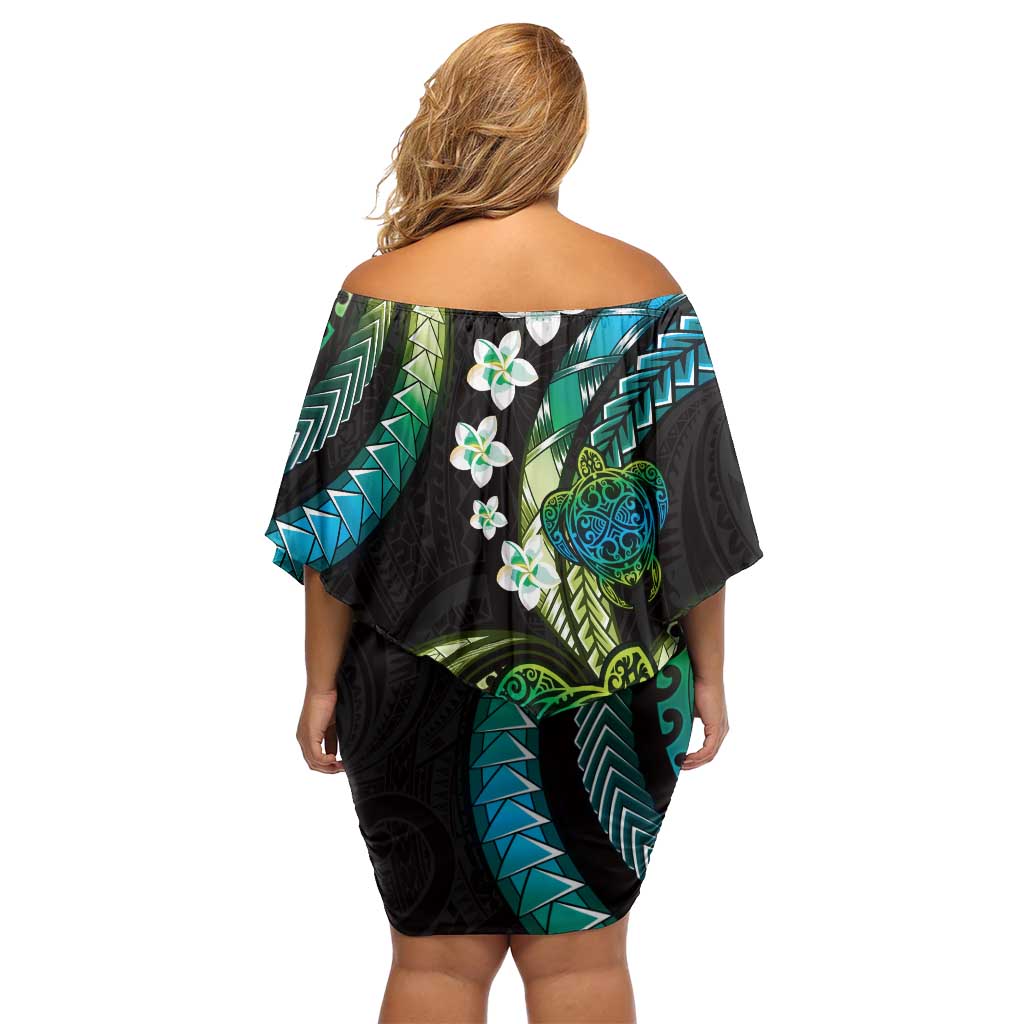 Hawaii Turtles Plumeria Family Matching Off Shoulder Short Dress and Hawaiian Shirt Chartreuse Cyan Polynesian Pattern