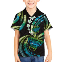 Hawaii Turtles Plumeria Family Matching Puletasi and Hawaiian Shirt Chartreuse Cyan Polynesian Pattern