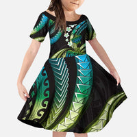 Hawaii Turtles Plumeria Family Matching Short Sleeve Bodycon Dress and Hawaiian Shirt Chartreuse Cyan Polynesian Pattern