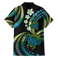 Hawaii Turtles Plumeria Family Matching Short Sleeve Bodycon Dress and Hawaiian Shirt Chartreuse Cyan Polynesian Pattern