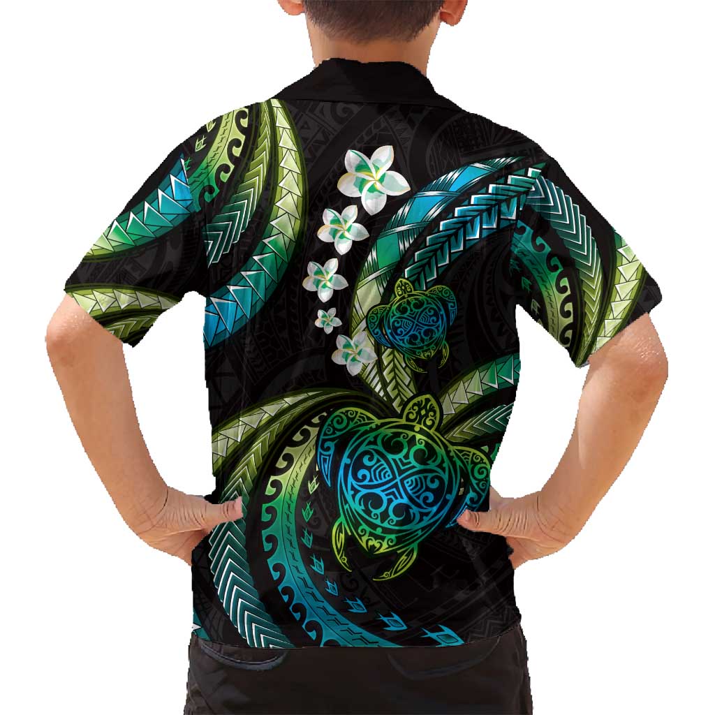 Hawaii Turtles Plumeria Family Matching Summer Maxi Dress and Hawaiian Shirt Chartreuse Cyan Polynesian Pattern