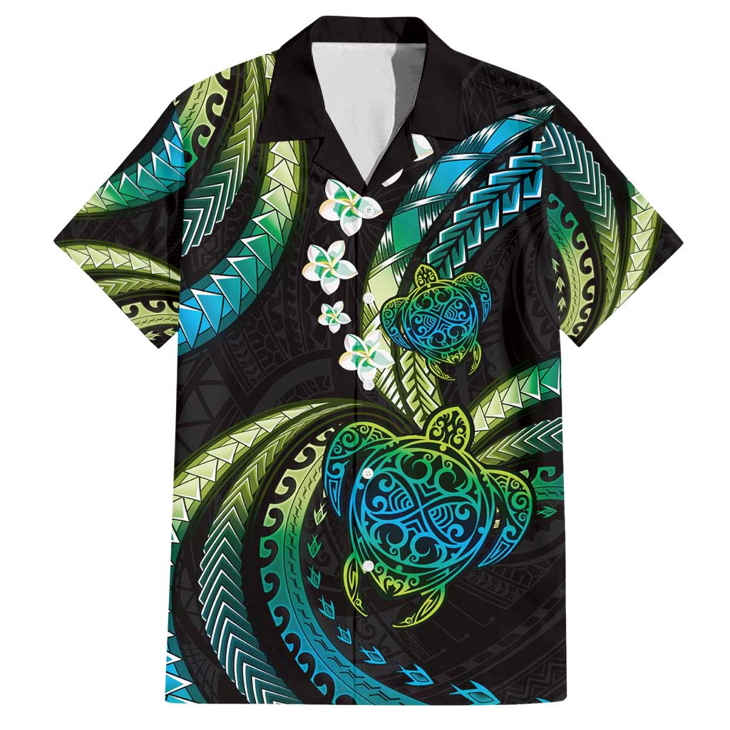 Hawaii Turtles Plumeria Family Matching Summer Maxi Dress and Hawaiian Shirt Chartreuse Cyan Polynesian Pattern