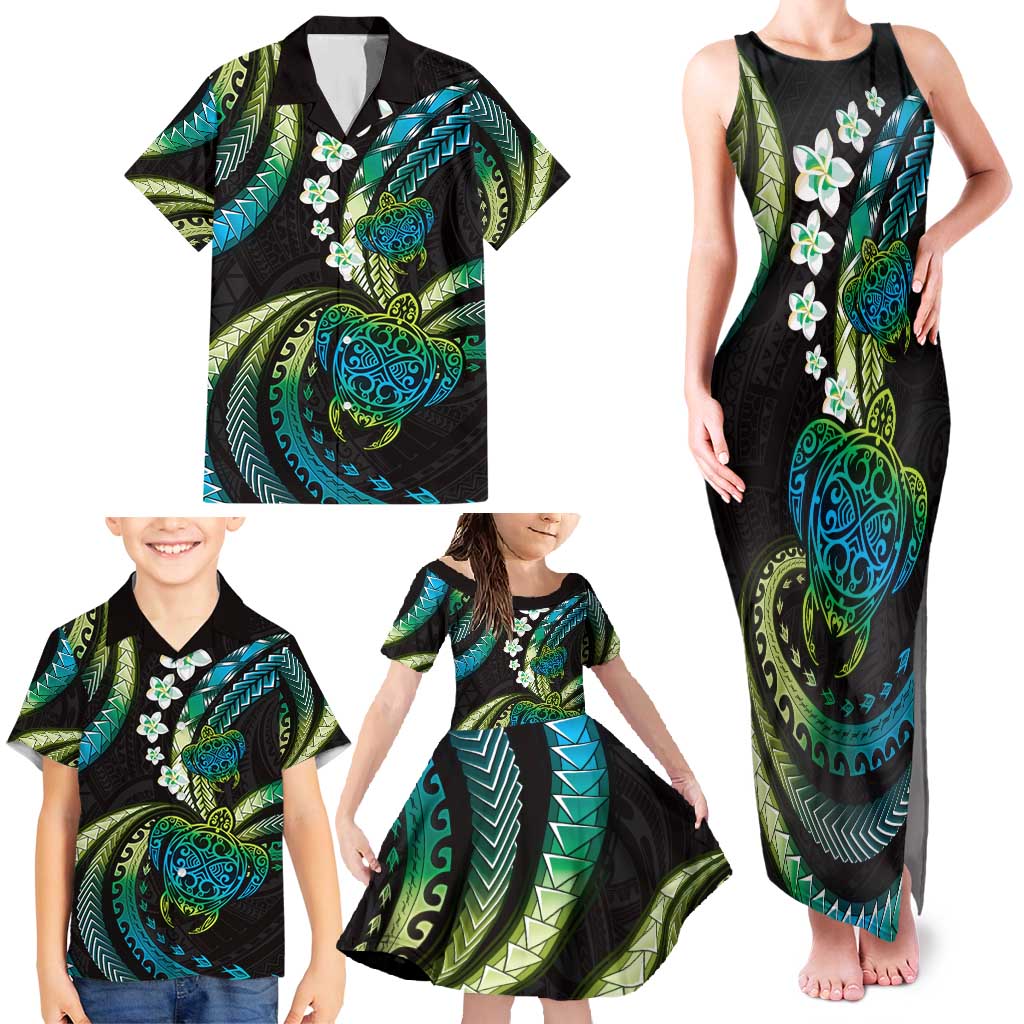 Hawaii Turtles Plumeria Family Matching Tank Maxi Dress and Hawaiian Shirt Chartreuse Cyan Polynesian Pattern