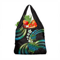 Hawaii Turtles Plumeria Grocery Bag Chartreuse Cyan Polynesian Pattern