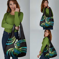 Hawaii Turtles Plumeria Grocery Bag Chartreuse Cyan Polynesian Pattern