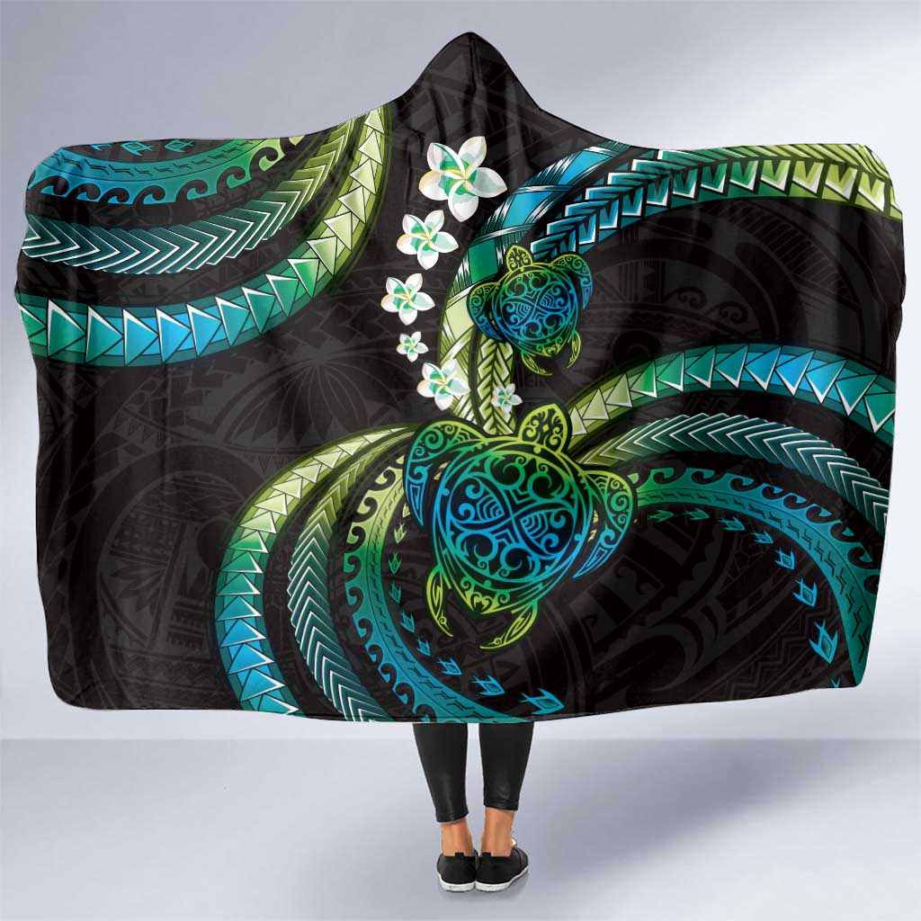 Hawaii Turtles Plumeria Hooded Blanket Chartreuse Cyan Polynesian Pattern LT01 One Size Cyan - Polynesian Pride
