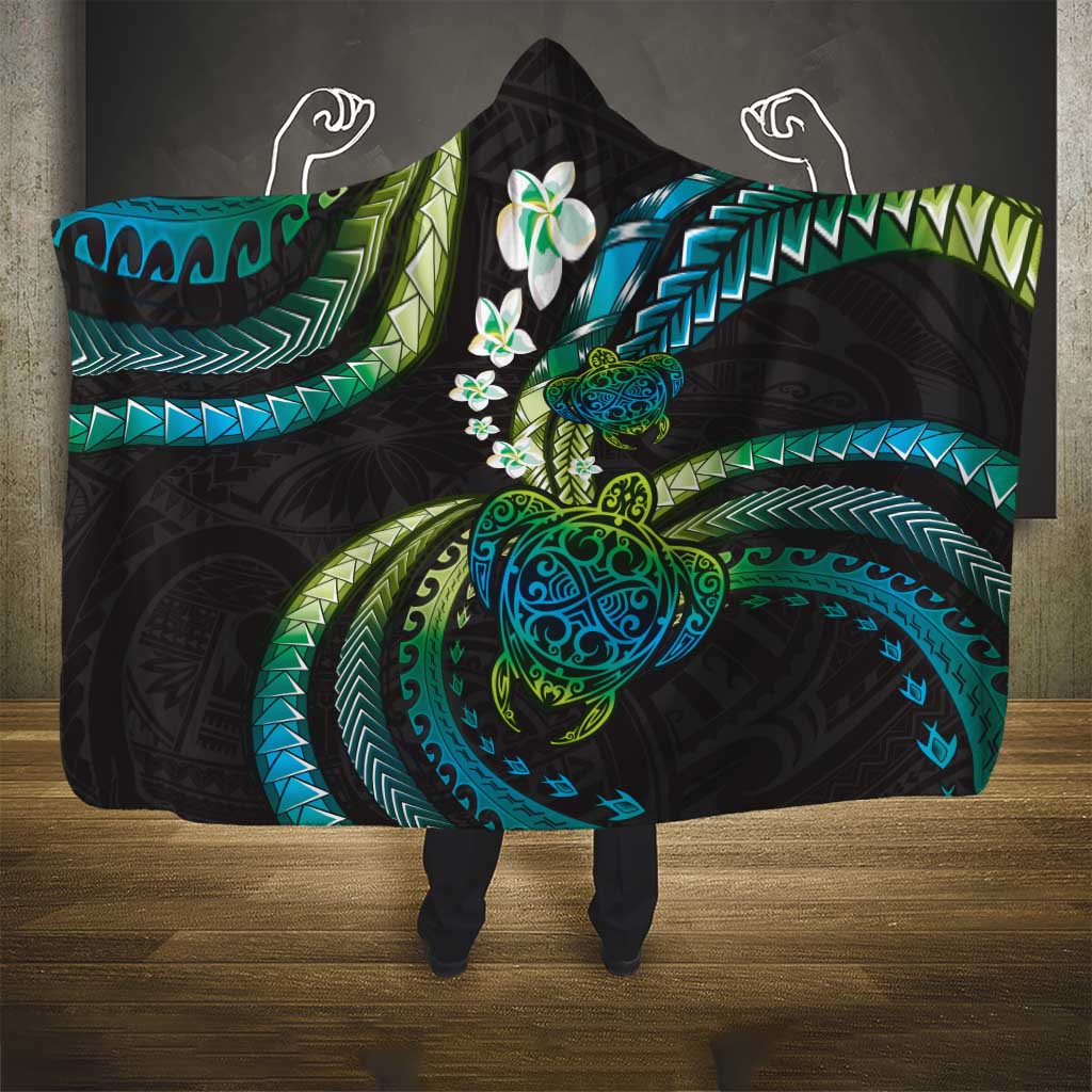 Hawaii Turtles Plumeria Hooded Blanket Chartreuse Cyan Polynesian Pattern LT01 - Polynesian Pride
