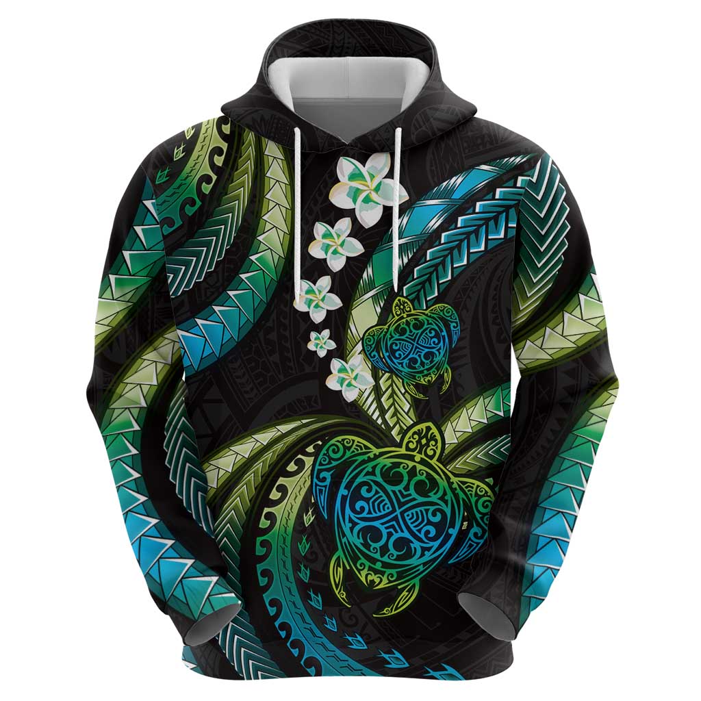 Hawaii Turtles Plumeria Hoodie Chartreuse Cyan Polynesian Pattern