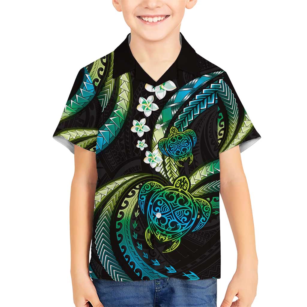 Hawaii Turtles Plumeria Kid Hawaiian Shirt Chartreuse Cyan Polynesian Pattern LT01 Kid Cyan - Polynesian Pride