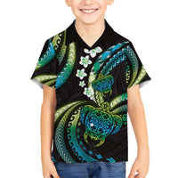 Hawaii Turtles Plumeria Kid Hawaiian Shirt Chartreuse Cyan Polynesian Pattern LT01 Kid Cyan - Polynesian Pride