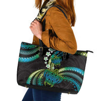 Hawaii Turtles Plumeria Leather Tote Bag Chartreuse Cyan Polynesian Pattern