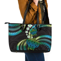 Hawaii Turtles Plumeria Leather Tote Bag Chartreuse Cyan Polynesian Pattern