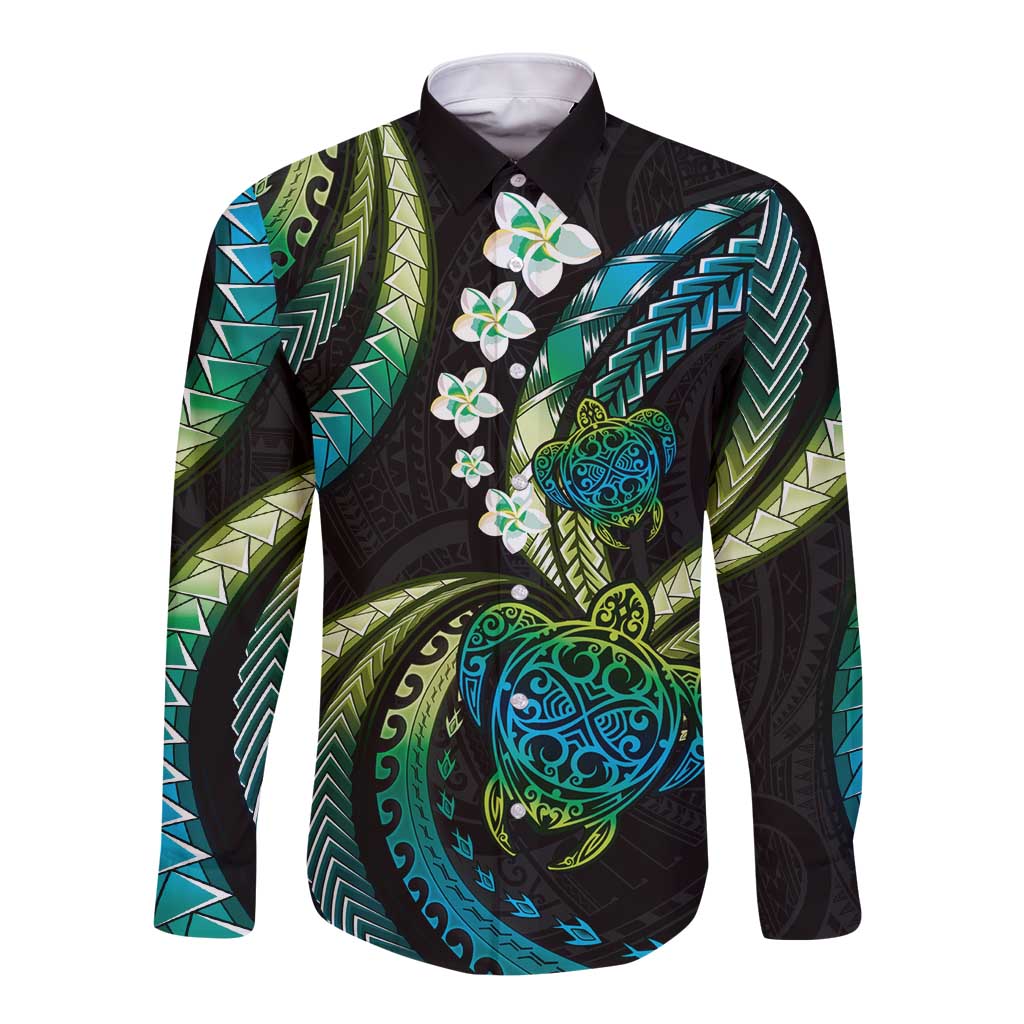 Hawaii Turtles Plumeria Long Sleeve Button Shirt Chartreuse Cyan Polynesian Pattern LT01 Unisex Cyan - Polynesian Pride
