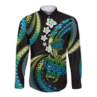 Hawaii Turtles Plumeria Long Sleeve Button Shirt Chartreuse Cyan Polynesian Pattern LT01 Unisex Cyan - Polynesian Pride