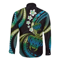 Hawaii Turtles Plumeria Long Sleeve Button Shirt Chartreuse Cyan Polynesian Pattern LT01 - Polynesian Pride