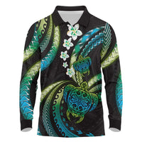 Hawaii Turtles Plumeria Long Sleeve Polo Shirt Chartreuse Cyan Polynesian Pattern