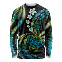Hawaii Turtles Plumeria Long Sleeve Shirt Chartreuse Cyan Polynesian Pattern LT01 Unisex Cyan - Polynesian Pride