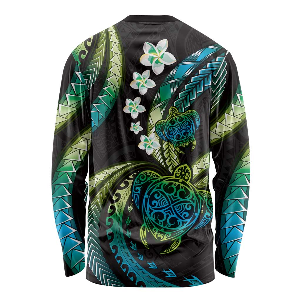 Hawaii Turtles Plumeria Long Sleeve Shirt Chartreuse Cyan Polynesian Pattern LT01 - Polynesian Pride