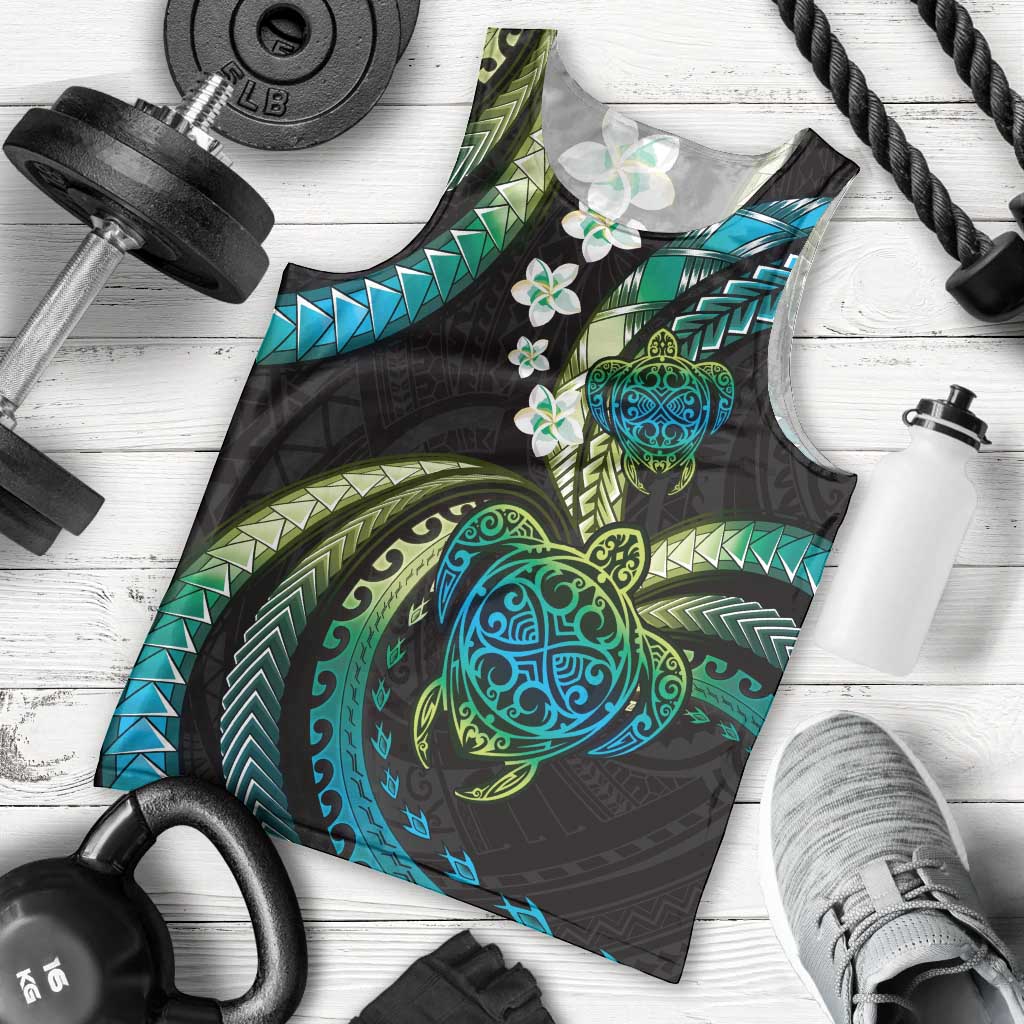 Hawaii Turtles Plumeria Men Tank Top Chartreuse Cyan Polynesian Pattern LT01 - Polynesian Pride