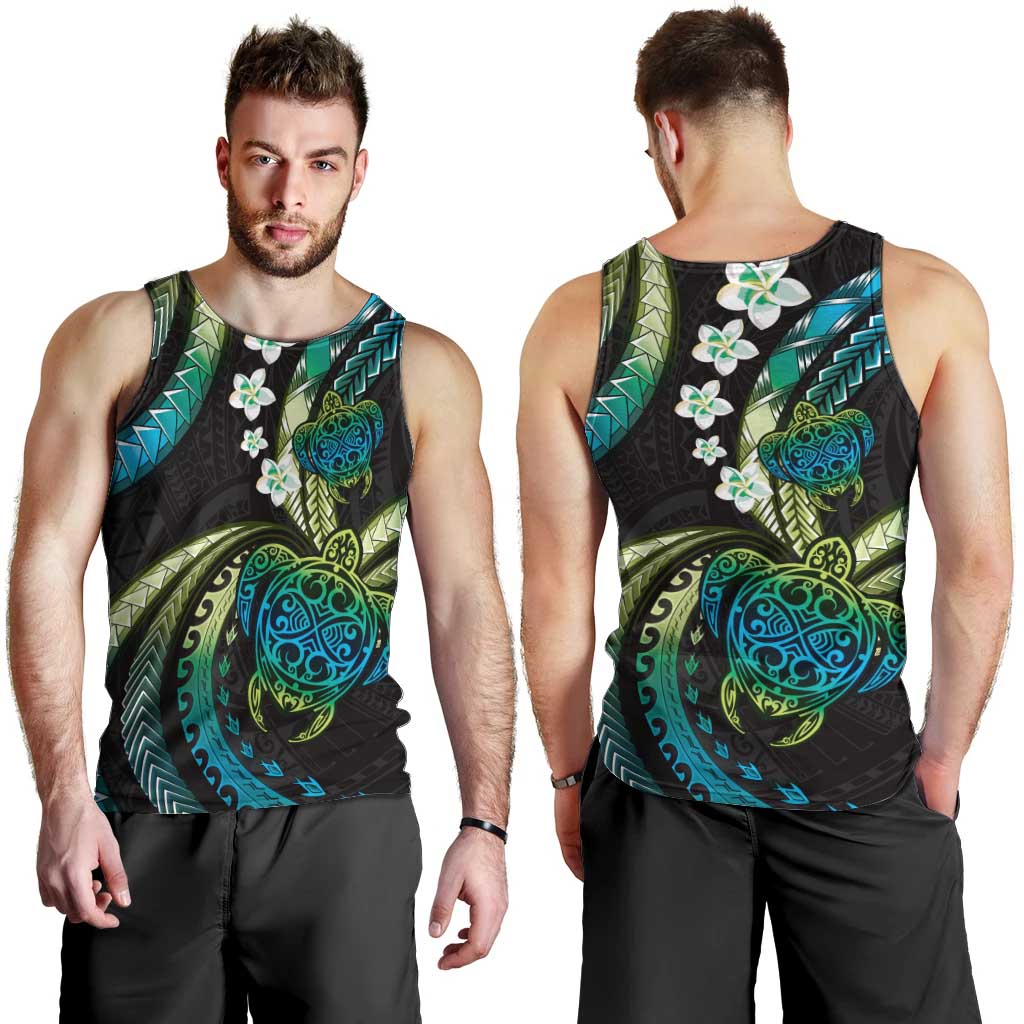 Hawaii Turtles Plumeria Men Tank Top Chartreuse Cyan Polynesian Pattern LT01 - Polynesian Pride