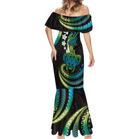 Hawaii Turtles Plumeria Mermaid Dress Chartreuse Cyan Polynesian Pattern