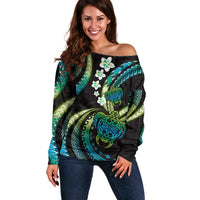 Hawaii Turtles Plumeria Off Shoulder Sweater Chartreuse Cyan Polynesian Pattern