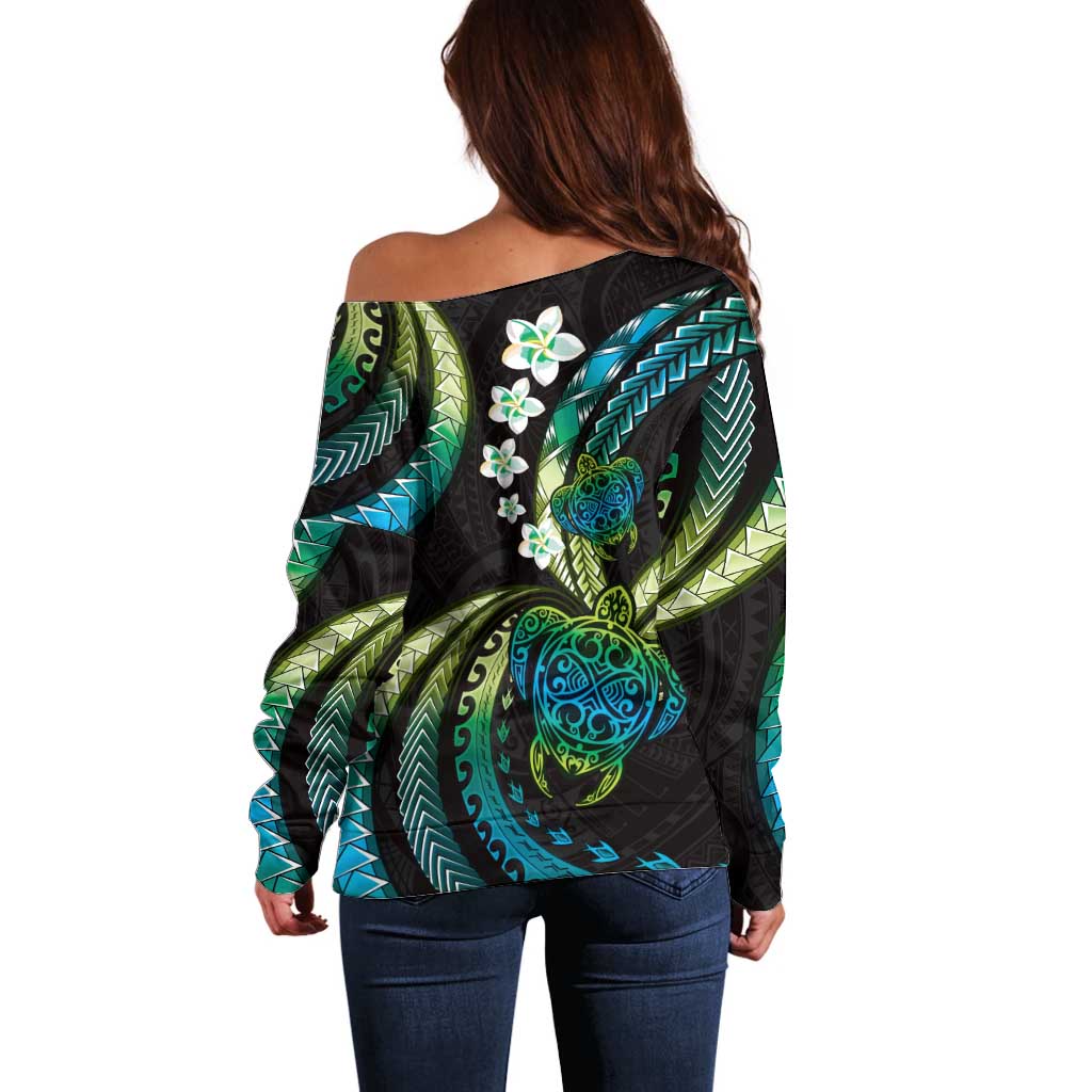 Hawaii Turtles Plumeria Off Shoulder Sweater Chartreuse Cyan Polynesian Pattern