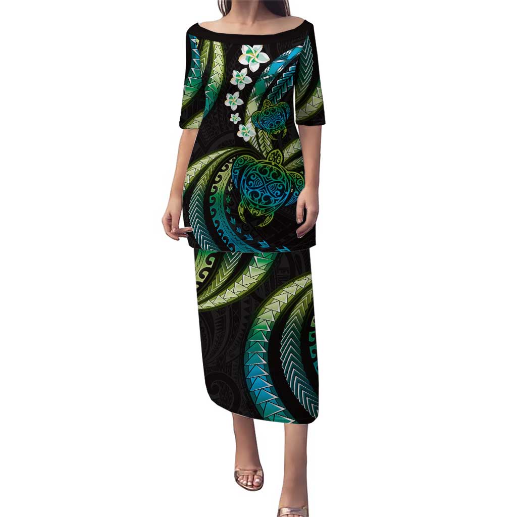 Hawaii Turtles Plumeria Puletasi Chartreuse Cyan Polynesian Pattern LT01 Long Dress Cyan - Polynesian Pride
