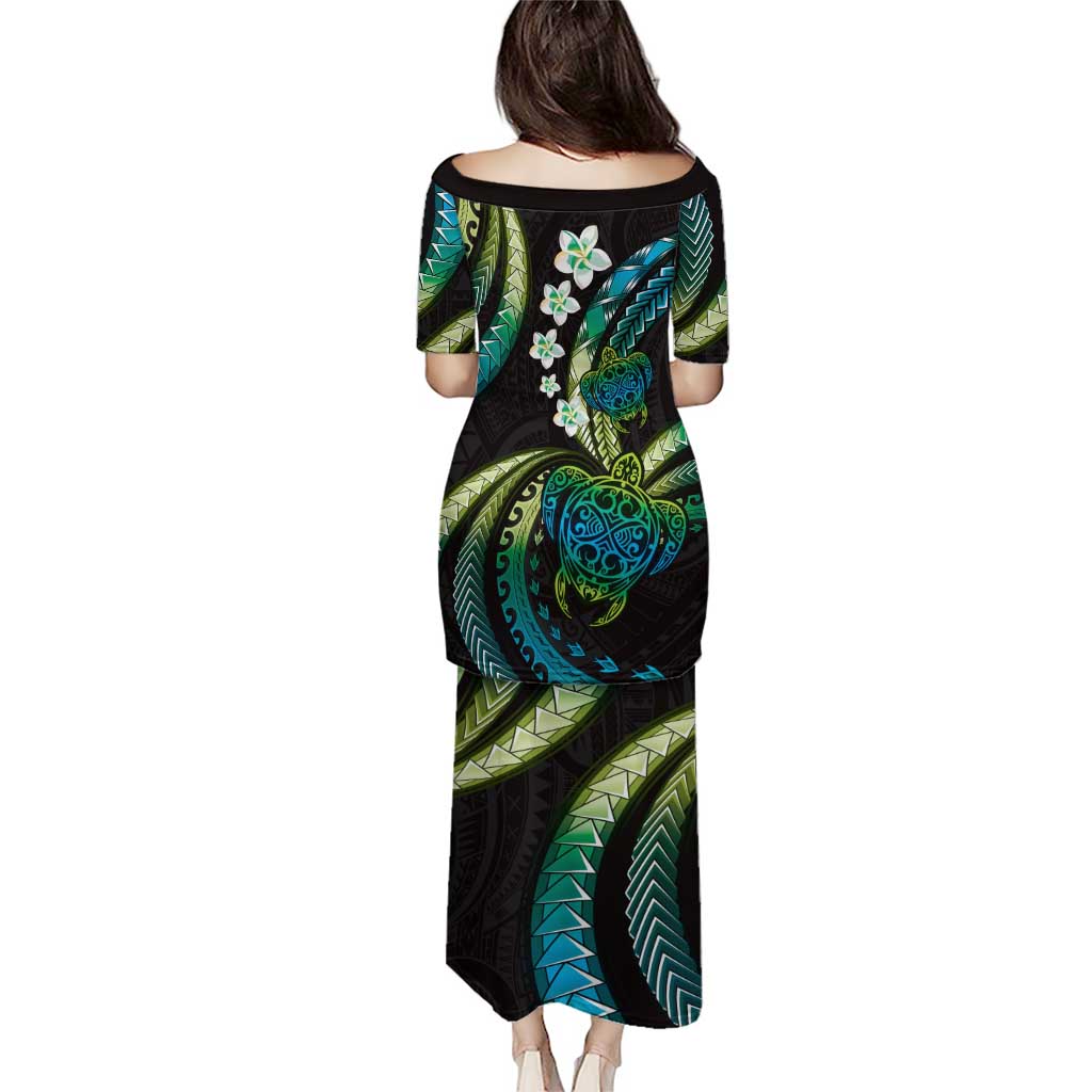 Hawaii Turtles Plumeria Puletasi Chartreuse Cyan Polynesian Pattern LT01 - Polynesian Pride
