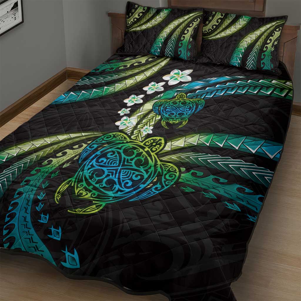 Hawaii Turtles Plumeria Quilt Bed Set Chartreuse Cyan Polynesian Pattern