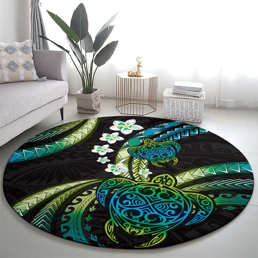 Hawaii Turtles Plumeria Round Carpet Chartreuse Cyan Polynesian Pattern