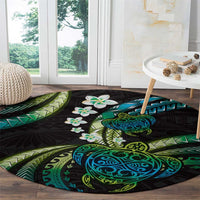 Hawaii Turtles Plumeria Round Carpet Chartreuse Cyan Polynesian Pattern