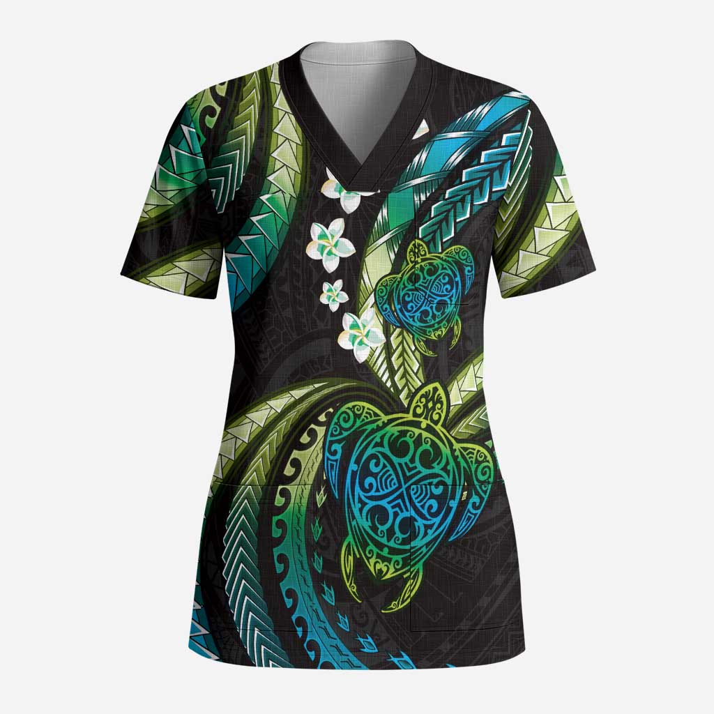 Hawaii Turtles Plumeria Scrub Top Chartreuse Cyan Polynesian Pattern - Polynesian Pride