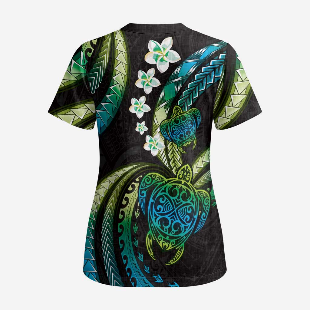 Hawaii Turtles Plumeria Scrub Top Chartreuse Cyan Polynesian Pattern - Polynesian Pride