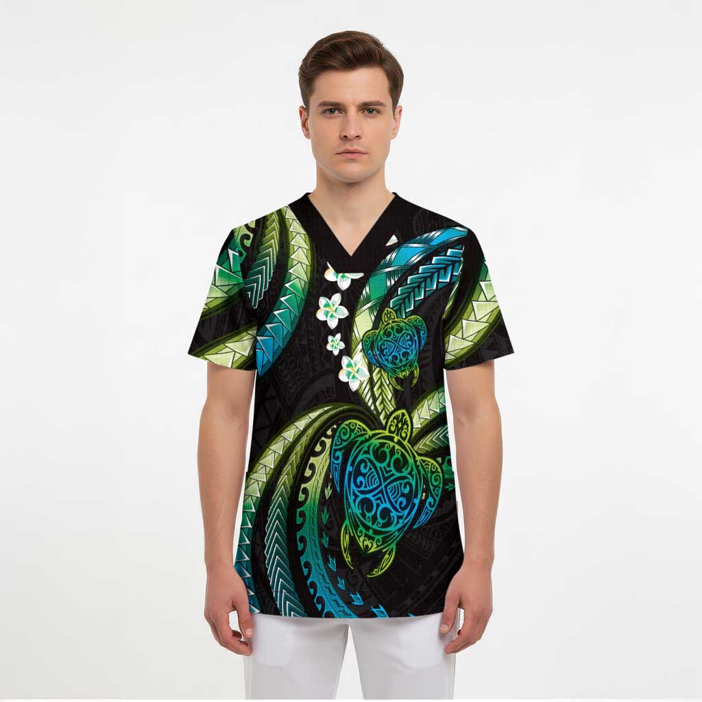 Hawaii Turtles Plumeria Scrub Top Chartreuse Cyan Polynesian Pattern - Polynesian Pride