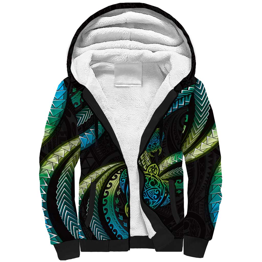 Hawaii Turtles Plumeria Sherpa Hoodie Chartreuse Cyan Polynesian Pattern LT01 Unisex Cyan - Polynesian Pride