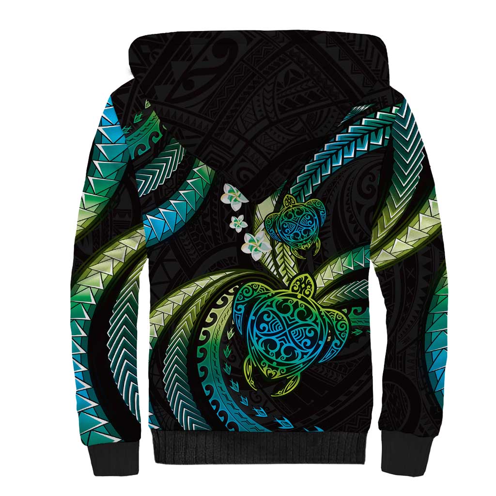 Hawaii Turtles Plumeria Sherpa Hoodie Chartreuse Cyan Polynesian Pattern LT01 - Polynesian Pride