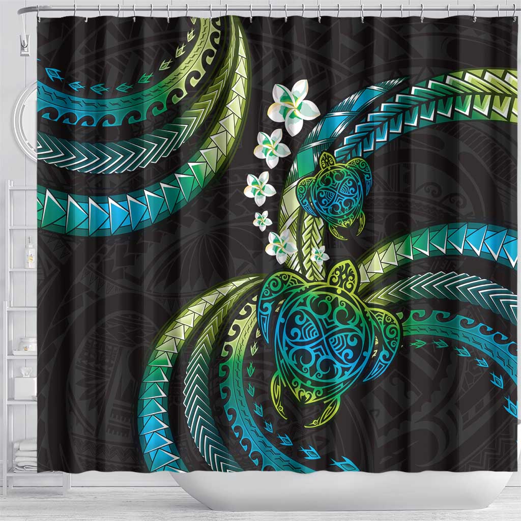 Hawaii Turtles Plumeria Shower Curtain Chartreuse Cyan Polynesian Pattern