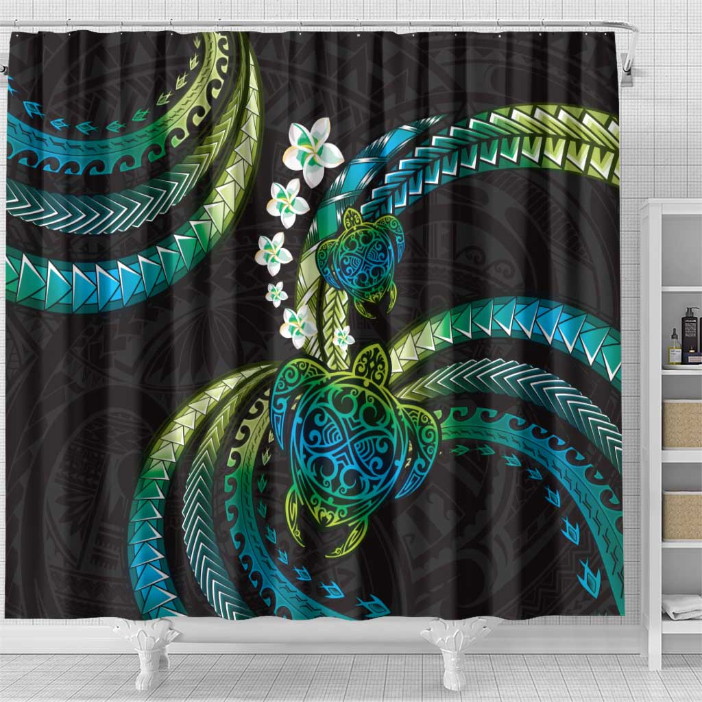 Hawaii Turtles Plumeria Shower Curtain Chartreuse Cyan Polynesian Pattern