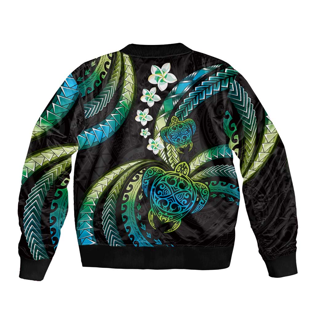 Hawaii Turtles Plumeria Sleeve Zip Bomber Jacket Chartreuse Cyan Polynesian Pattern