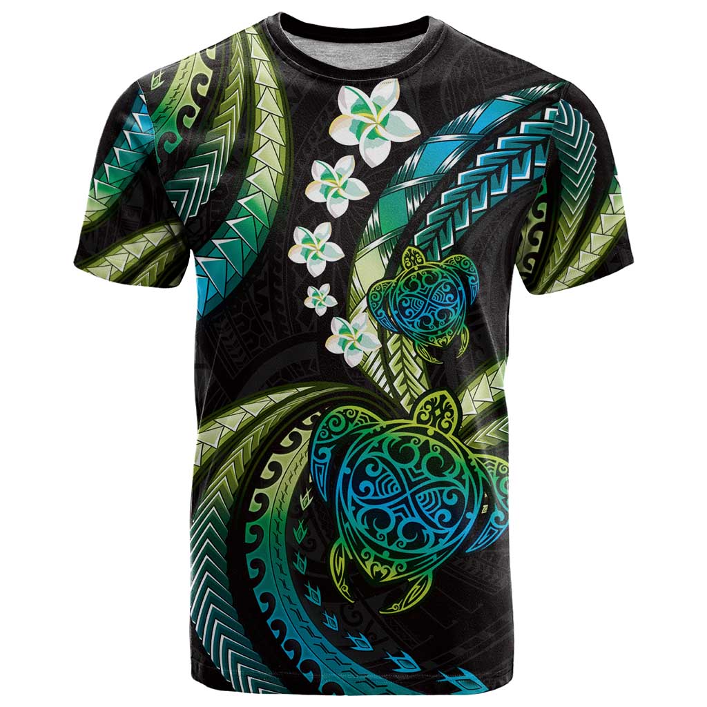 Hawaii Turtles Plumeria T Shirt Chartreuse Cyan Polynesian Pattern