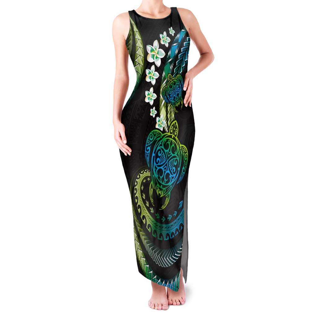 Hawaii Turtles Plumeria Tank Maxi Dress Chartreuse Cyan Polynesian Pattern LT01 Women Cyan - Polynesian Pride