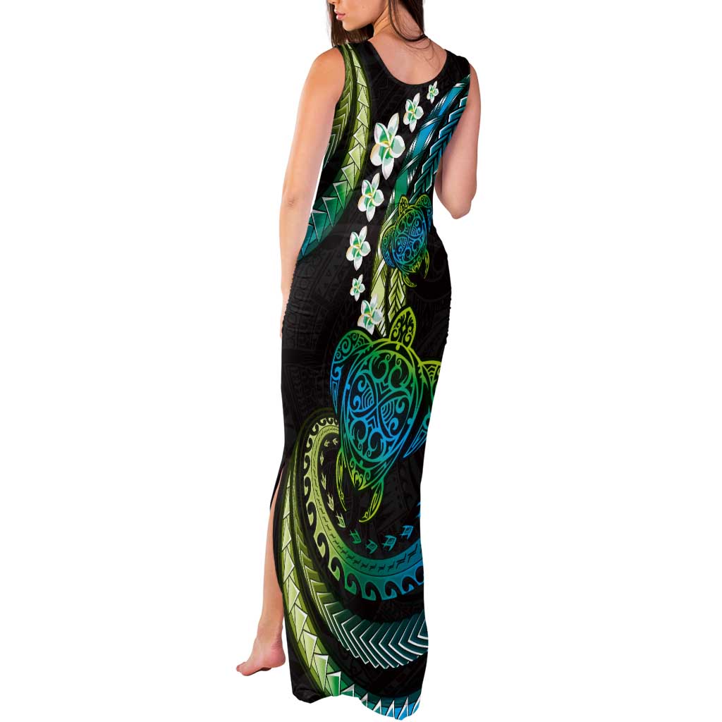Hawaii Turtles Plumeria Tank Maxi Dress Chartreuse Cyan Polynesian Pattern LT01 - Polynesian Pride