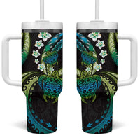 Hawaii Turtles Plumeria Tumbler With Handle Chartreuse Cyan Polynesian Pattern