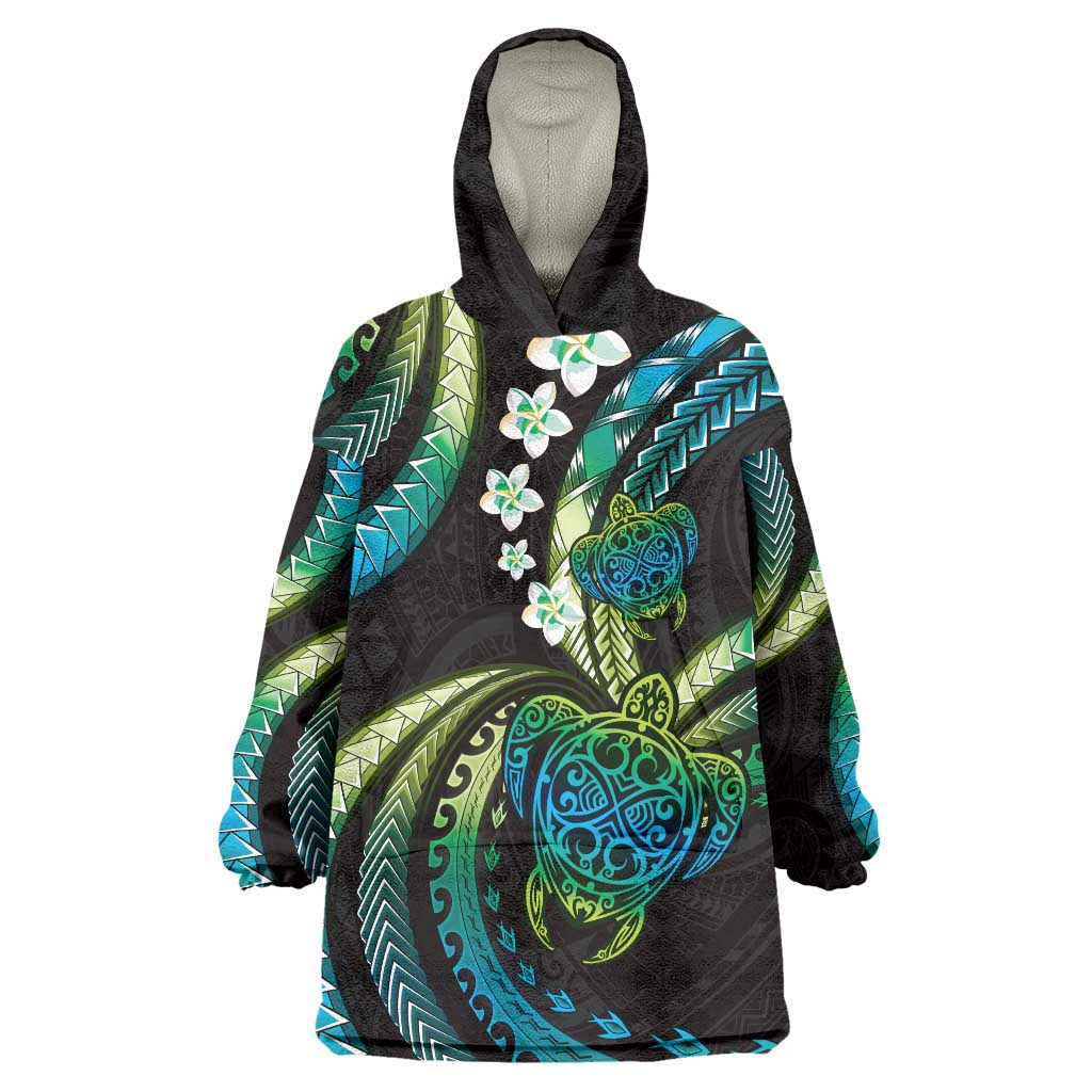 Hawaii Turtles Plumeria Wearable Blanket Hoodie Chartreuse Cyan Polynesian Pattern LT01 One Size Cyan - Polynesian Pride