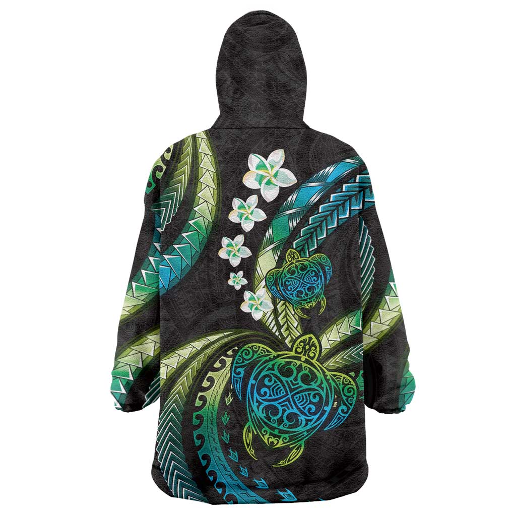 Hawaii Turtles Plumeria Wearable Blanket Hoodie Chartreuse Cyan Polynesian Pattern LT01 - Polynesian Pride