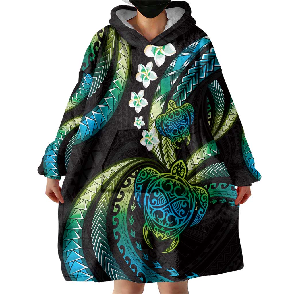 Hawaii Turtles Plumeria Wearable Blanket Hoodie Chartreuse Cyan Polynesian Pattern LT01 - Polynesian Pride