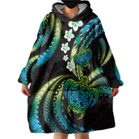 Hawaii Turtles Plumeria Wearable Blanket Hoodie Chartreuse Cyan Polynesian Pattern LT01 - Polynesian Pride