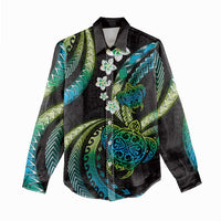 Hawaii Turtles Plumeria Women Casual Shirt Chartreuse Cyan Polynesian Pattern