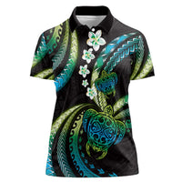 Hawaii Turtles Plumeria Women Polo Shirt Chartreuse Cyan Polynesian Pattern